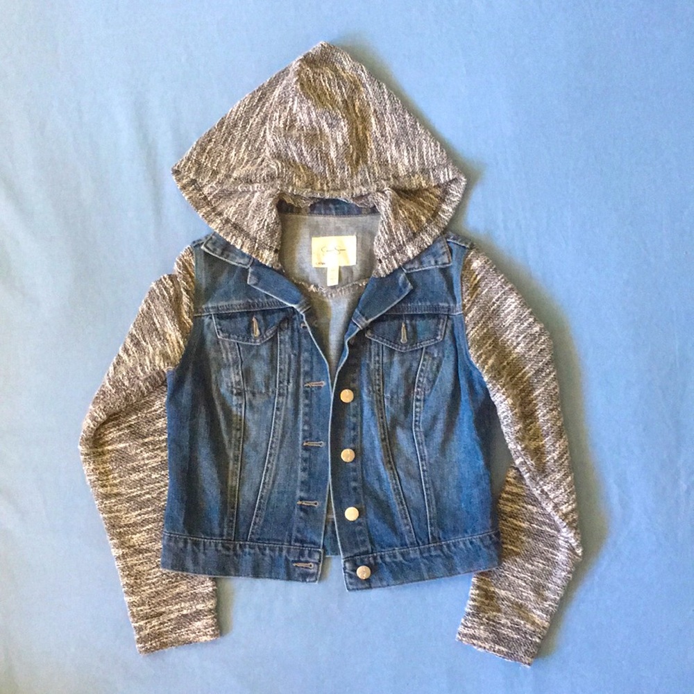 Jessica Simpson Two-Tone Denim Jacket with Sweater Sleeves XS Removable Hood